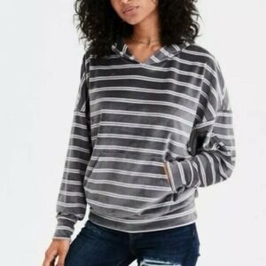 American Eagle Gray/White Striped Cropped Hooded Sweatshirt